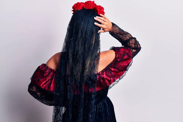 Young Woman Wearing Mexican Day Dead Makeup Backwards Thinking Doubt — Stock Photo, Image