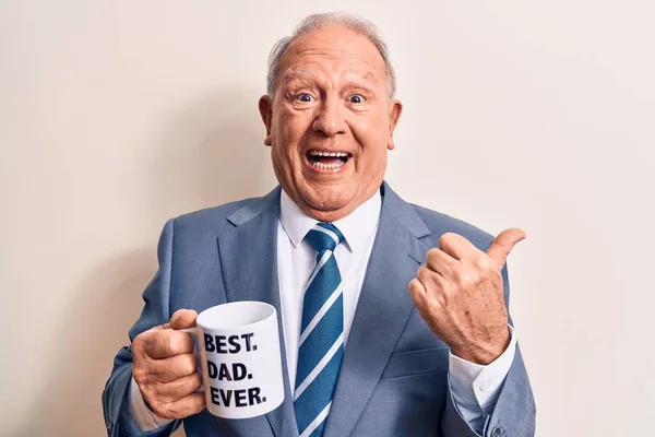 Handsome Grey Haired Man Wearing Suit Drinking Cup Coffee Best — Stock Photo, Image