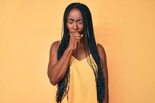 African American Woman Braids Wearing Casual Clothes Feeling Unwell Coughing — Stock Photo, Image