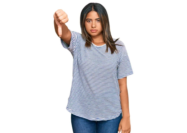 Young Latin Girl Wearing Casual Clothes Looking Unhappy Angry Showing — Stock Photo, Image