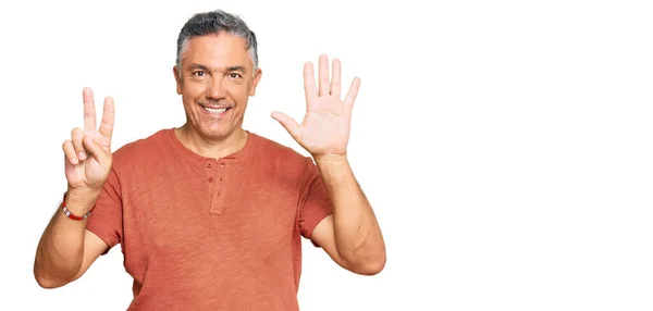 Handsome Middle Age Man Wearing Casual Clothes Showing Pointing Fingers — Stock Photo, Image