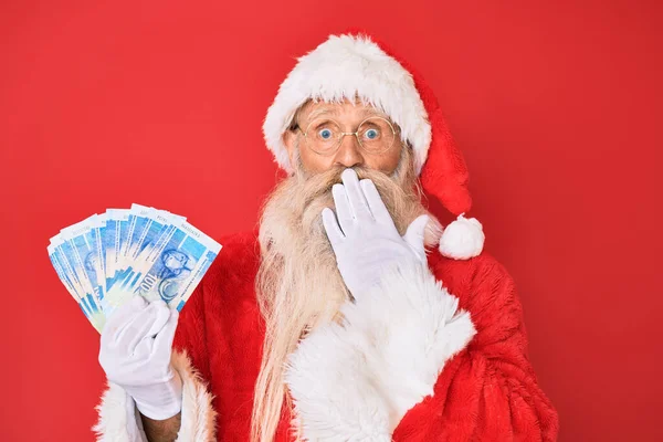 Old Senior Man Grey Hair Long Beard Wearing Santa Claus — Stock Photo, Image