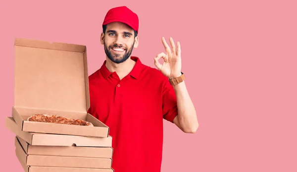 Young Handsome Man Beard Wearing Delivery Uniform Holding Boxes Pizza — Stock Photo, Image