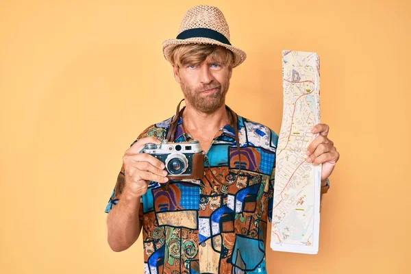 Young Blond Man Holding Vintage Camera City Map Depressed Worry — Stock Photo, Image