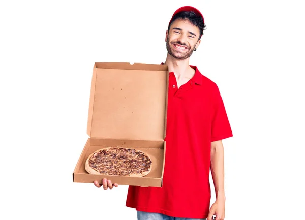 Young Hispanic Man Holding Delivery Pizza Box Looking Positive Happy — Stock Photo, Image