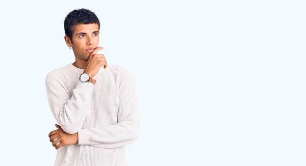 Young African Amercian Man Wearing Casual Clothes Hand Chin Thinking — Stock Photo, Image