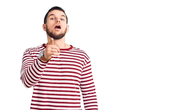 Young Handsome Man Wearing Striped Sweater Pointing Displeased Frustrated Camera — Stock Photo, Image
