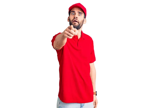 Young Handsome Man Beard Wearing Delivery Uniform Pointing Displeased Frustrated — Stock Photo, Image
