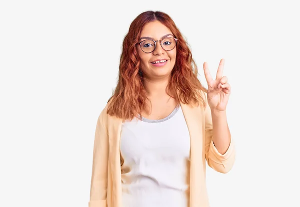 Young Latin Woman Wearing Business Clothes Showing Pointing Fingers Number — Stock Photo, Image
