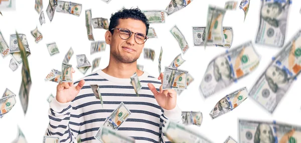 Hispanic Handsome Young Man Wearing Casual Clothes Glasses Gesturing Finger — Stock Photo, Image