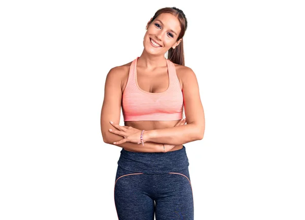 Young Beautiful Hispanic Woman Wearing Sportswear Happy Face Smiling Crossed — Stock Photo, Image