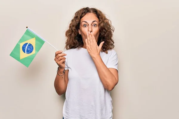 Middle Age Beautiful Patriotic Woman Holding Brazilian Flag Isolated White — Stock Photo, Image