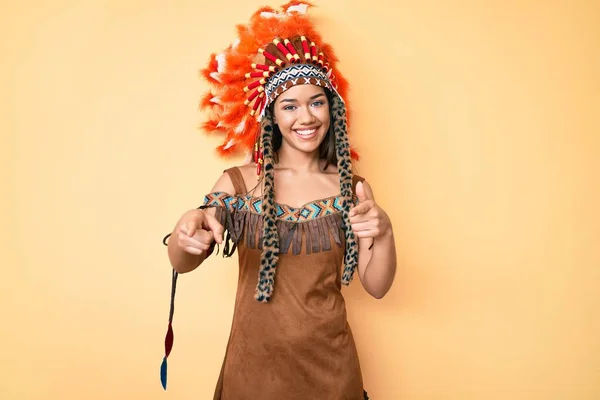 Young Beautiful Latin Girl Wearing Indian Costume Pointing Fingers Camera — Stock Photo, Image