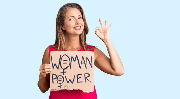 Middle Age Hispanic Woman Holding Woman Power Banner Doing Sign — Stock Photo, Image