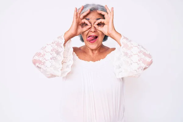 Senior Hispanic Grey Haired Woman Wearing Casual Clothes Doing Gesture — Stock Photo, Image