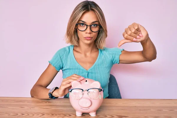 Beautiful Caucasian Woman Holding Piggy Bank Glasses Angry Face Negative — Stock Photo, Image