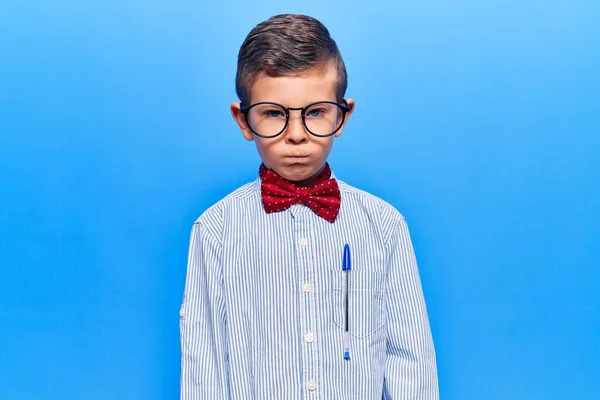 Cute Blond Kid Wearing Nerd Bow Tie Glasses Depressed Worry — Stock Photo, Image