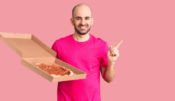 Young Handsome Man Holding Delivery Pizza Cardboard Box Smiling Happy — Stock Photo, Image