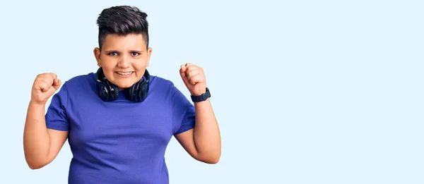 Little Boy Kid Listening Music Wearing Headphones Celebrating Surprised Amazed — Stock Photo, Image