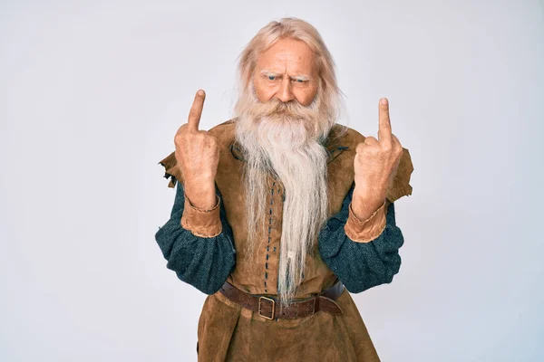 Old Senior Man Grey Hair Long Beard Wearing Viking Traditional —  Fotos de Stock