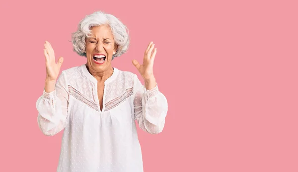 Senior Grey Haired Woman Wearing Casual Clothes Celebrating Mad Crazy — Stock Photo, Image