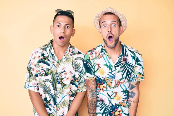 Yazlık şapka ve Hawaii tişörtü giyen iki genç eşcinsel adam şaşkınlık ve şaşkınlık içinde bir ifade, korku ve heyecan dolu bir yüz.. 