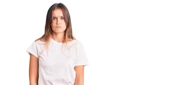 Mooie Blanke Vrouw Draagt Casual Witte Tshirt Depressief Zorgen Voor — Stockfoto