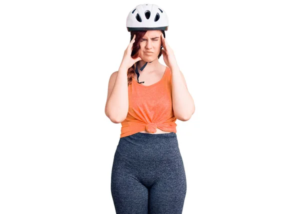 Young Beautiful Woman Wearing Bike Helmet Suffering Headache Desperate Stressed — Stock Photo, Image