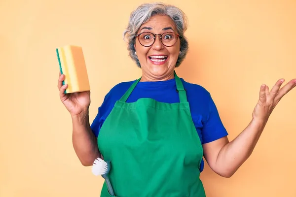 Ältere Hispanische Grauhaarige Frau Mit Schürze Hält Scheuerer Und Feiert — Stockfoto