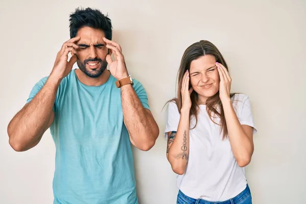 Bela Jovem Casal Namorado Namorada Juntamente Com Mão Cabeça Dor — Fotografia de Stock