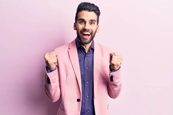 Young Handsome Man Beard Wearing Elegant Jacket Celebrating Surprised Amazed — Stock Photo, Image