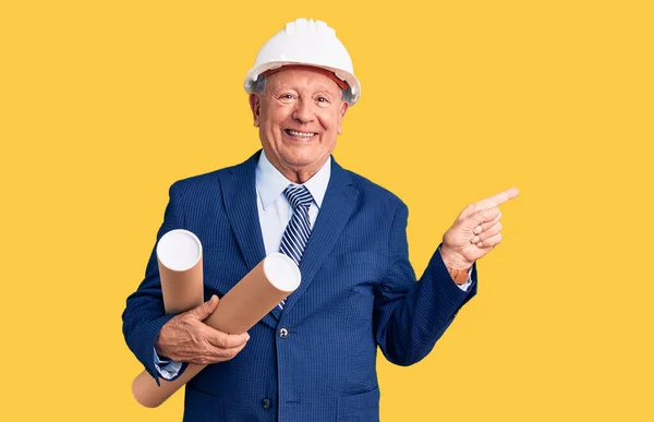 Senior Handsome Grey Haired Man Wearing Architect Hardhat Holding Blueprints — Stock Photo, Image