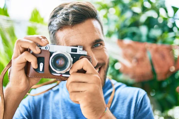 Young Handsome Photographer Smiling Happy Using Retro Camera Park — Stock Photo, Image