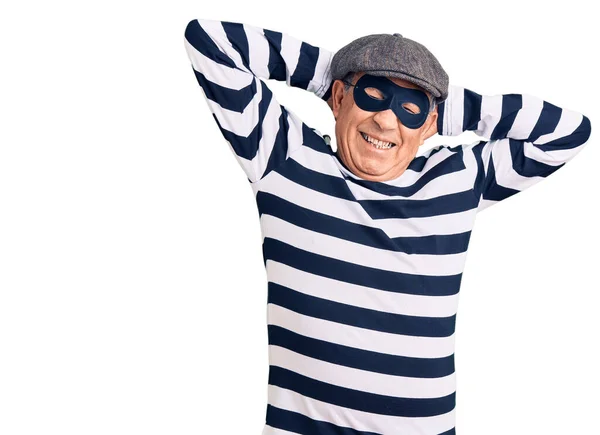 Senior Handsome Man Wearing Burglar Mask Shirt Relaxing Stretching Arms — Stock Photo, Image