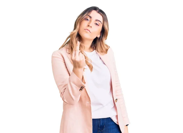 Young Caucasian Woman Wearing Business Clothes Showing Middle Finger Impolite — ストック写真