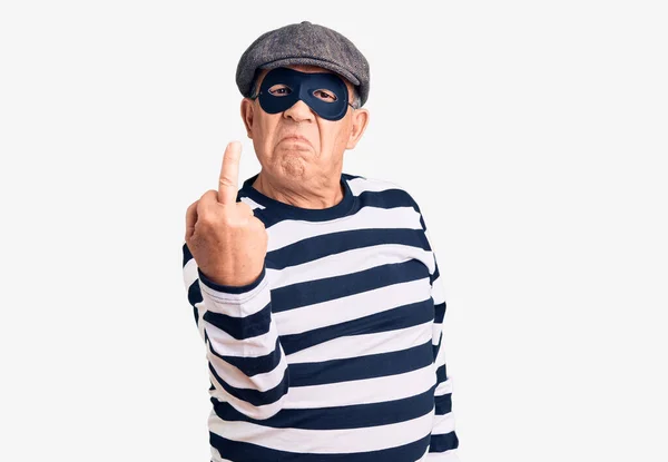 Senior Handsome Man Wearing Burglar Mask Shirt Showing Middle Finger — Stock Photo, Image