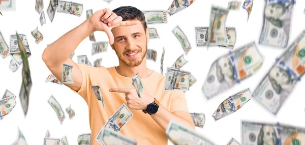 Handsome Young Man Bear Wearing Casual Yellow Tshirt Smiling Making — Stock Photo, Image