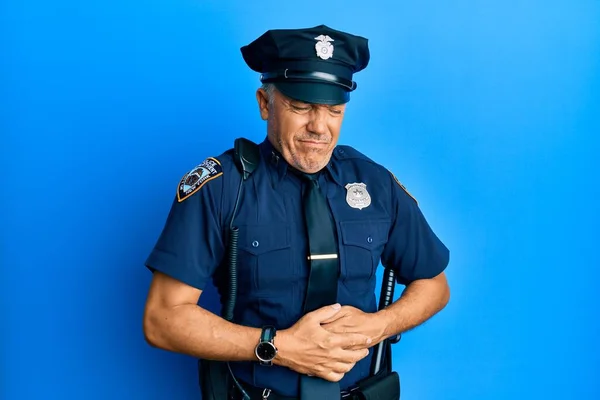 Bonito Homem Maduro Meia Idade Vestindo Uniforme Policial Com Mão — Fotografia de Stock