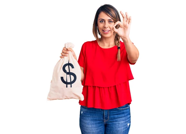 Mladá Krásná Žena Drží Tašku Peníze Symbolem Dolaru Dělá Pořádku — Stock fotografie