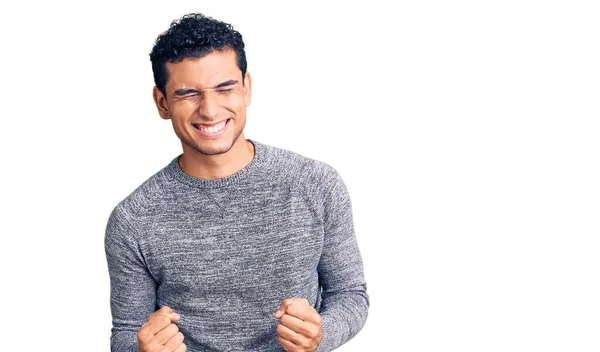 Hispanic Handsome Young Man Wearing Casual Sweater Very Happy Excited — Stock Photo, Image