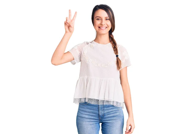 Junges Schönes Mädchen Lässigem Shirt Lächelnd Mit Glücklichem Gesicht Das — Stockfoto