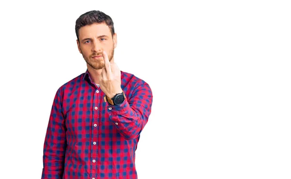 Handsome Young Man Bear Wearing Casual Shirt Showing Middle Finger — Photo