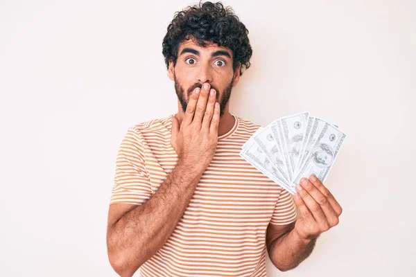 Handsome Young Man Curly Hair Bear Holding Money Bag Dollar — Stock Photo, Image