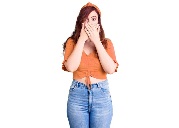 Young Beautiful Woman Wearing Casual Clothes Shocked Covering Mouth Hands — Stock Photo, Image