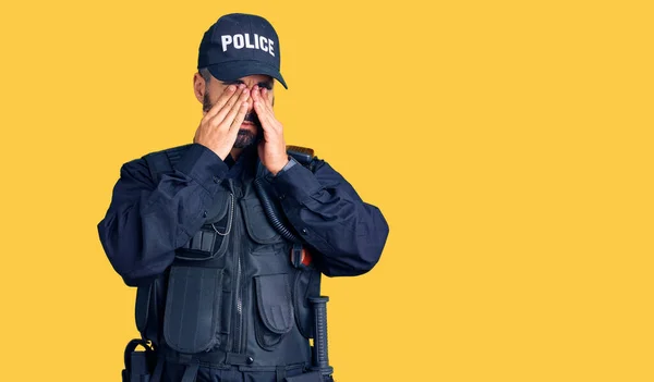 Young Hispanic Man Wearing Police Uniform Rubbing Eyes Fatigue Headache — Stock Photo, Image