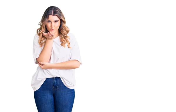 Young Caucasian Woman Wearing Casual Clothes Looking Camera Blowing Kiss — Stock Photo, Image