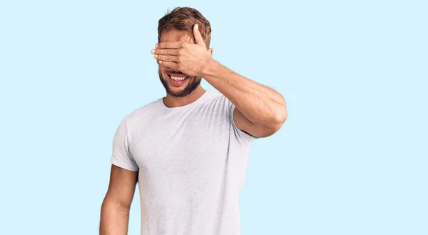 Young Caucasian Man Wearing Casual White Tshirt Smiling Laughing Hand — Stock Photo, Image