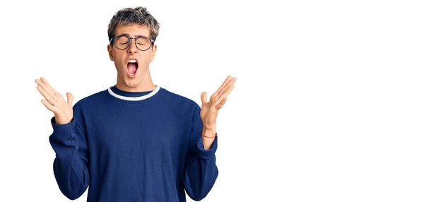 Young Handsome Man Wearing Casual Clothes Glasses Celebrating Mad Crazy — Stock Photo, Image