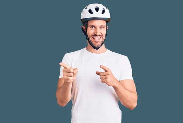 Young Handsome Man Wearing Bike Helmet Pointing Fingers Camera Happy — Stock Photo, Image