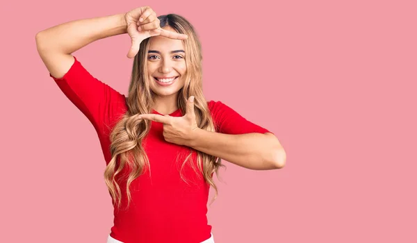 Young Beautiful Blonde Woman Wearing Casual Clothes Smiling Making Frame — Stock Photo, Image